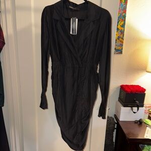 Black Ruched Plunge Neck Cocktail Dress